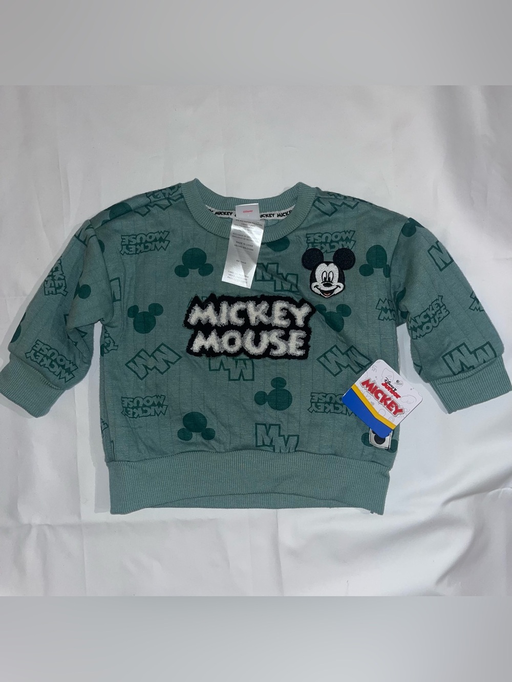 NWT Disney Mickey Mouse Sweatshirt 18M Green Chenille Patch Flaw - Picture 4 of 4